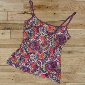 Vintage Y2K Hanky Panky purple and multi colored lace peacock feather print tank